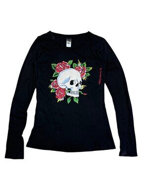 Y2K Ed Hardy Grunge Black Long Sleeve Skull & Roses Graphic Size S